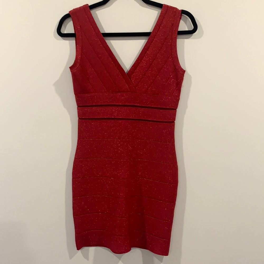 Red Bebe bandage dress with sheer detailing